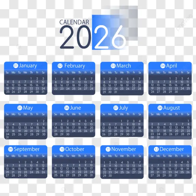 2026英语日历蓝色装饰 向量