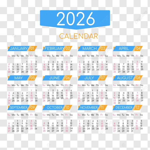 2026英语日历蓝色 向量