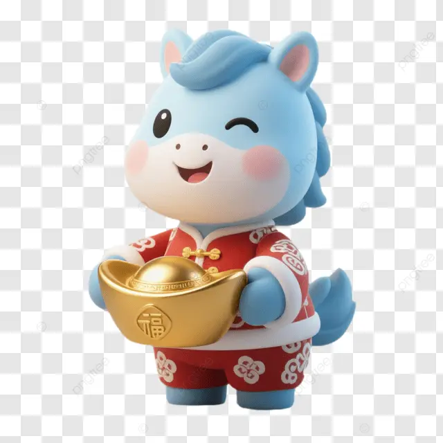 农历新年蓝马持金元宝红衣
