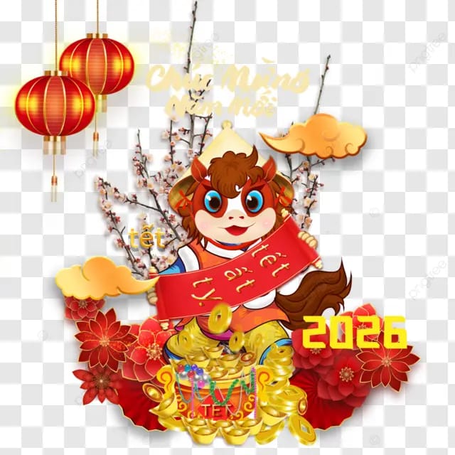 2026年越南春节杏花可爱卡通小马灯笼祥云桃枝挑花聚宝盆越南文字