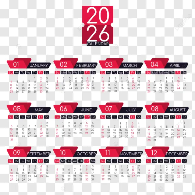 2026英语日历红色 向量
