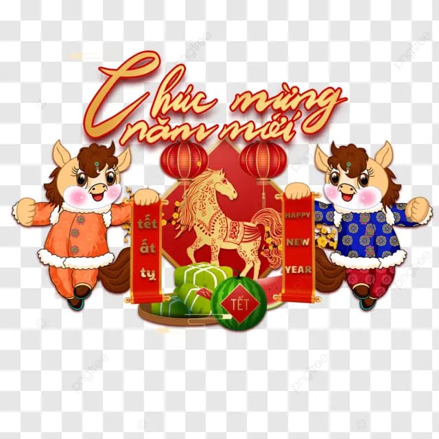 2026年越南春节越南小马越南节日卡通马庆祝金色剪纸小马西瓜方粽杏花