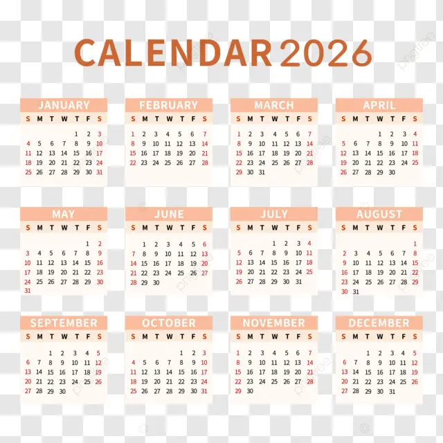 2026英语日历橙色 向量
