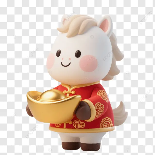 中国新年白马攥金元宝穿红衣