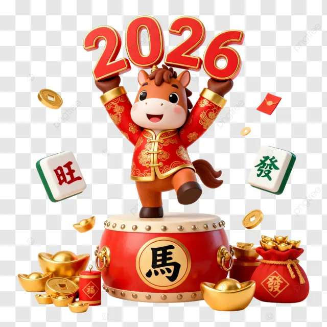 卡通可爱3d麻将大鼓元宝福袋钱币2026农历马年新年春节剪切画【免抠元素PNG】-90设计网