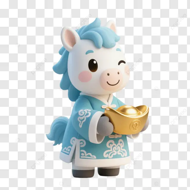 中国新年蓝马持金元宝蓝衣