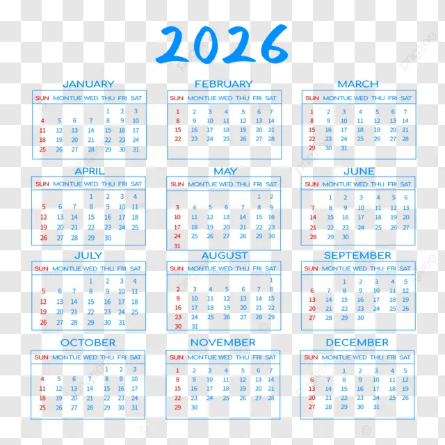 2026英语日历蓝色 向量