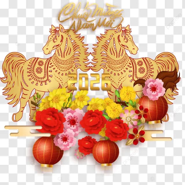 2026越南马年越南春节杏花杏树生肖马越南传统节日卡通马新年快乐黄杏花双马