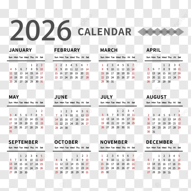 2026英语日历简单 向量