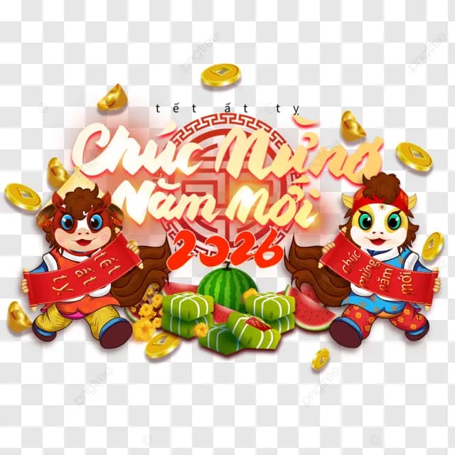 2026年越南春节如意卡通马可爱小马尾巴西瓜铜钱杏花发光字体