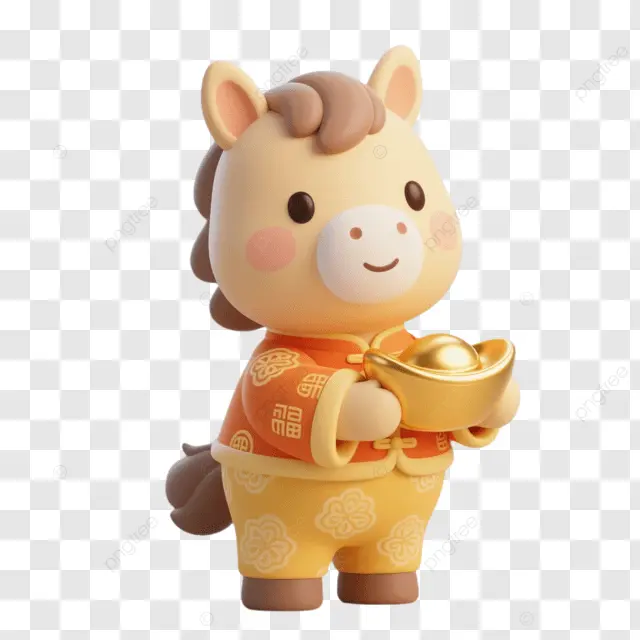 中国新年棕马拿金元宝穿黄衣