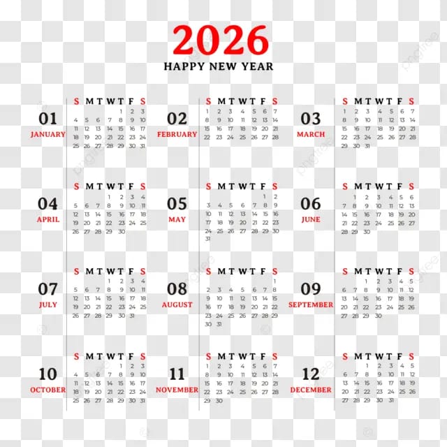 2026英语日历红色装饰