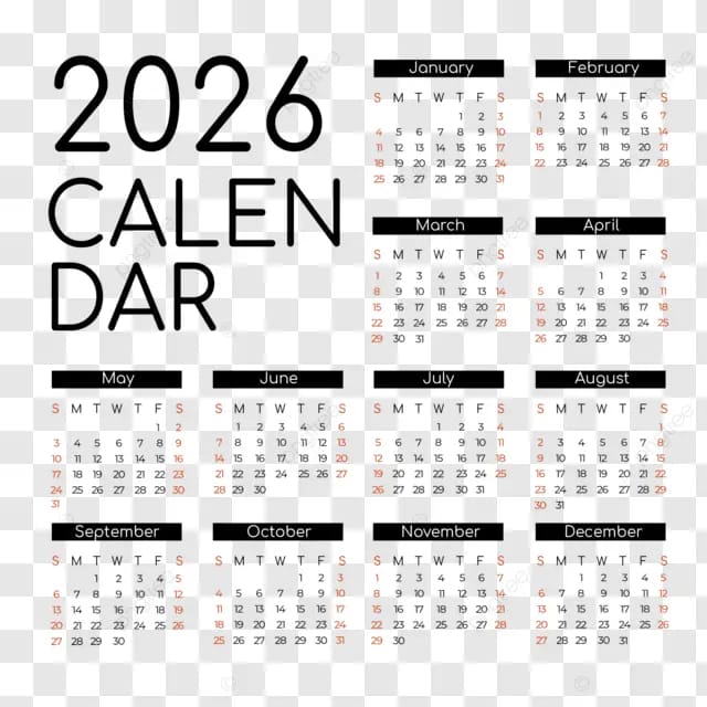 2026英语日历黑色装饰