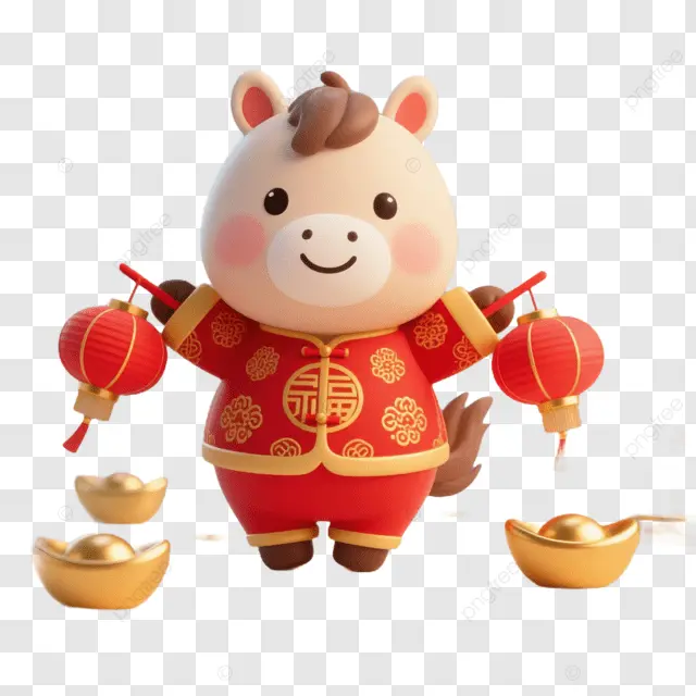 中国新年红马举金元宝穿红衣