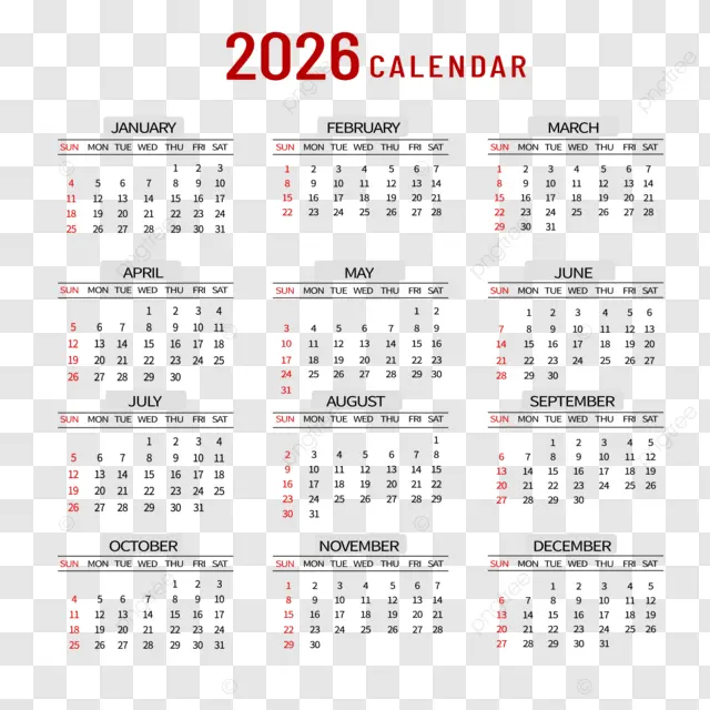 2026英语日历透明 向量