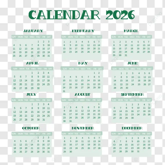 2026英语日历绿色 向量