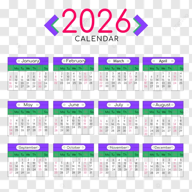 2026英语日历透明装饰 向量