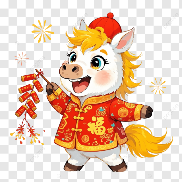 马年卡通小马拿着鞭炮