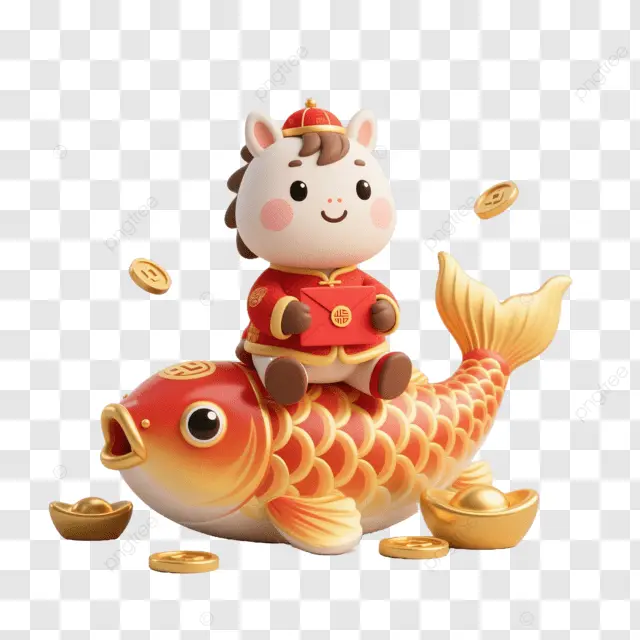 中国新年棕马坐金鱼随金元宝