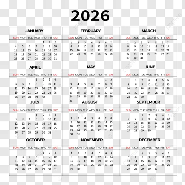 2026英语日历表格 向量