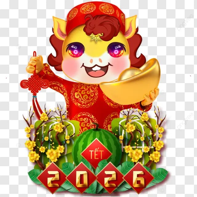 越南春节马年2026年金色艺术字粽子花枝杏树金元宝