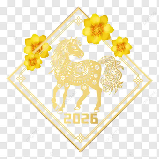 越南新年 马年 2026 十二生肖 马 越南传统节日 杏花枝条 矢量