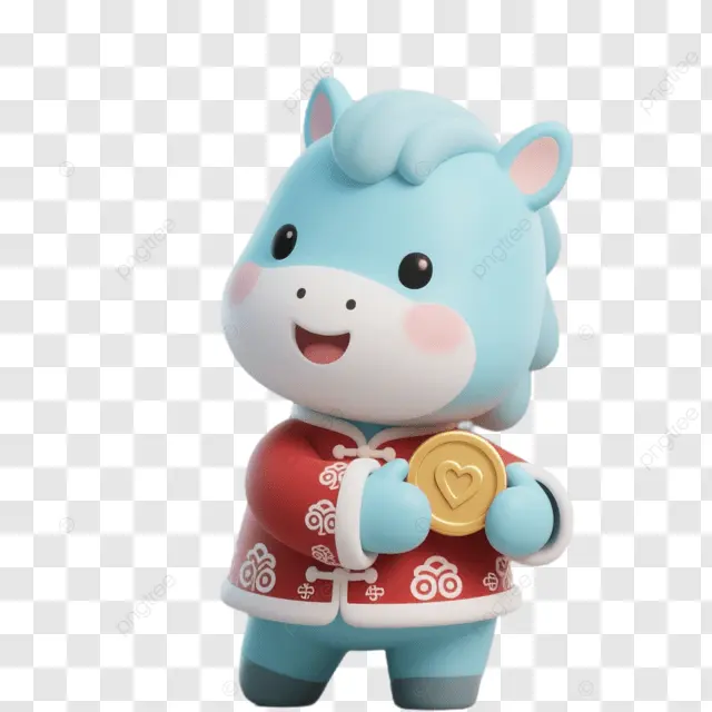 中国新年蓝马握金币穿红衣