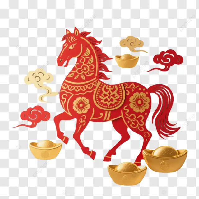中国新年红马伴金元宝镶云纹