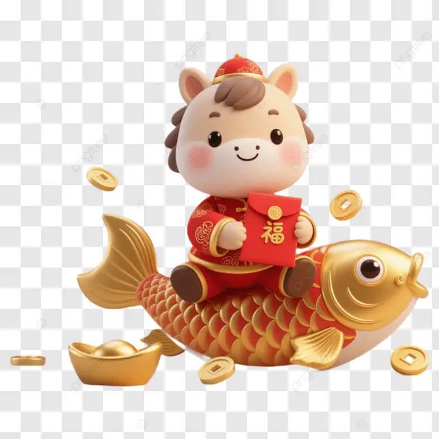 农历新年棕马坐金鱼洒元宝