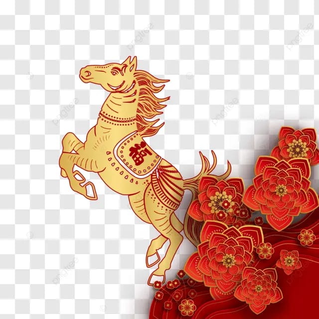 2026年马年春节农历新年生肖红色花朵马年新年快乐卡通马过年节日金线金色剪纸