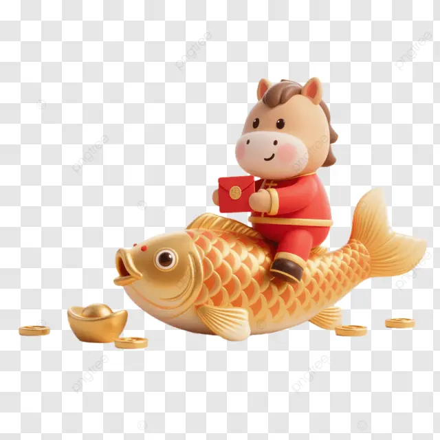 中国新年棕马坐金鱼伴金元宝