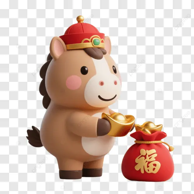 农历新年棕马持福袋金元宝