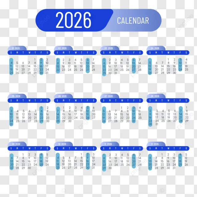 2026英语日历蓝色装饰 向量