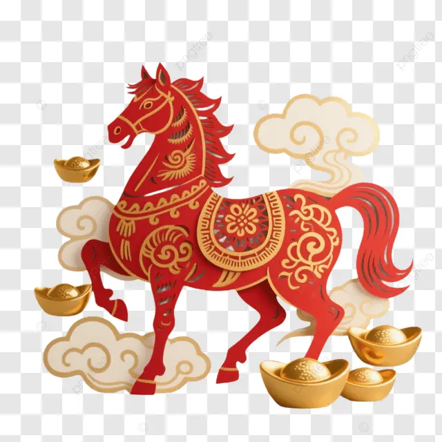 2026马年红马剪纸风伴金元宝