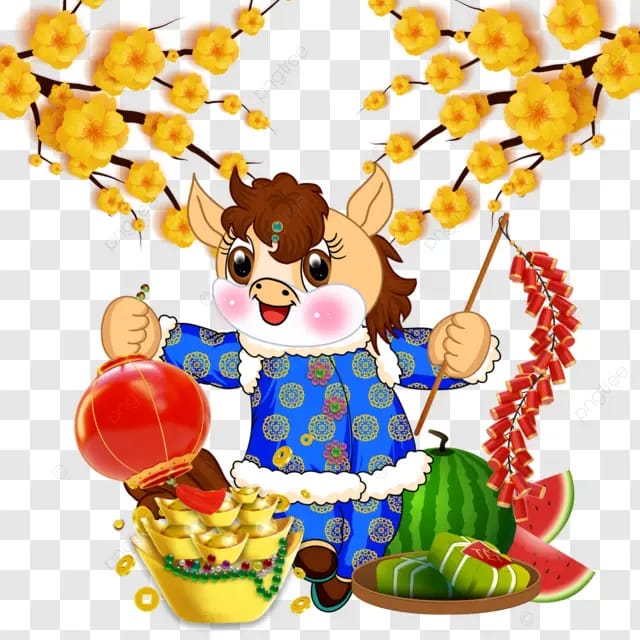 越南春节马年2026灯笼鞭炮西瓜元宝杏花蓝色传统服饰