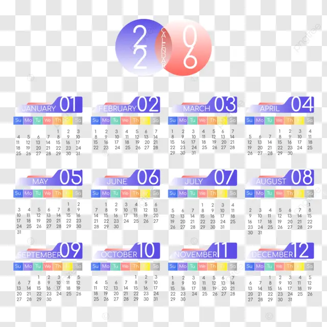 2026英语日历彩色装饰 向量