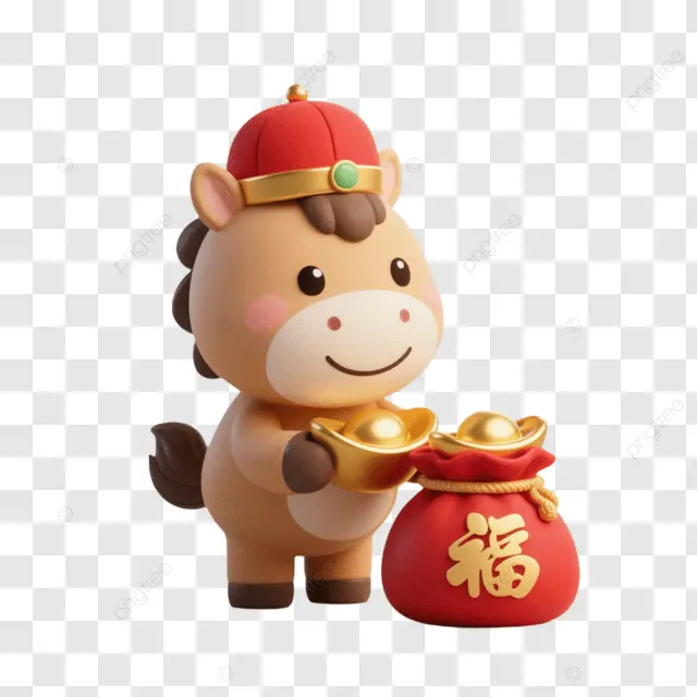 中国新年棕马握福袋伴金元宝