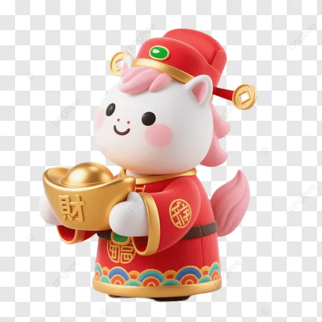 中国新年蓝马握金币穿蓝衣