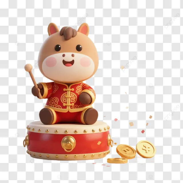 中国新年棕马坐鼓拿金元宝