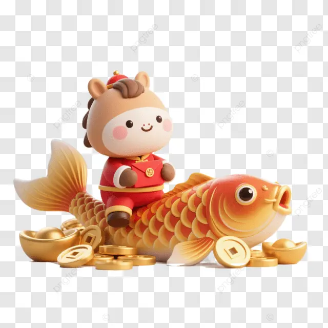 中国新年棕马坐金鱼配金元宝