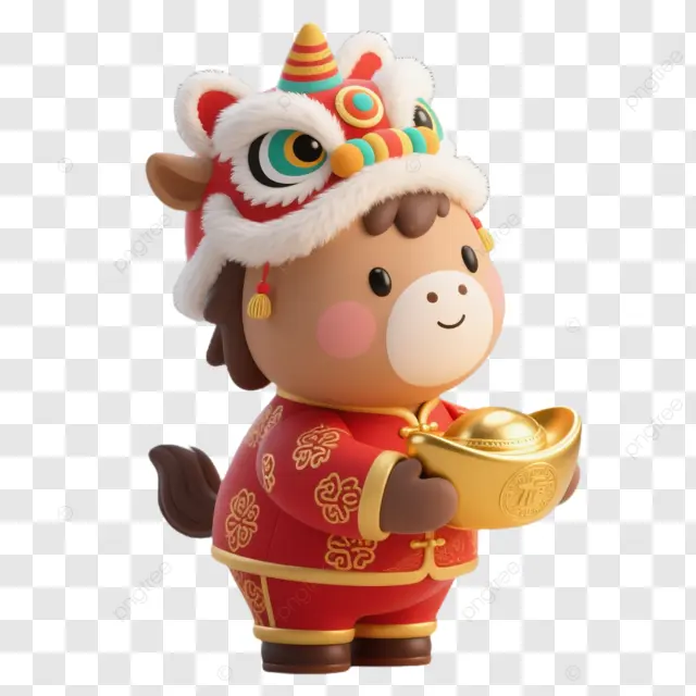 中国新年棕马戴狮头帽金元宝