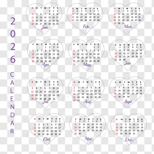 2026英语日历爱心边框 向量