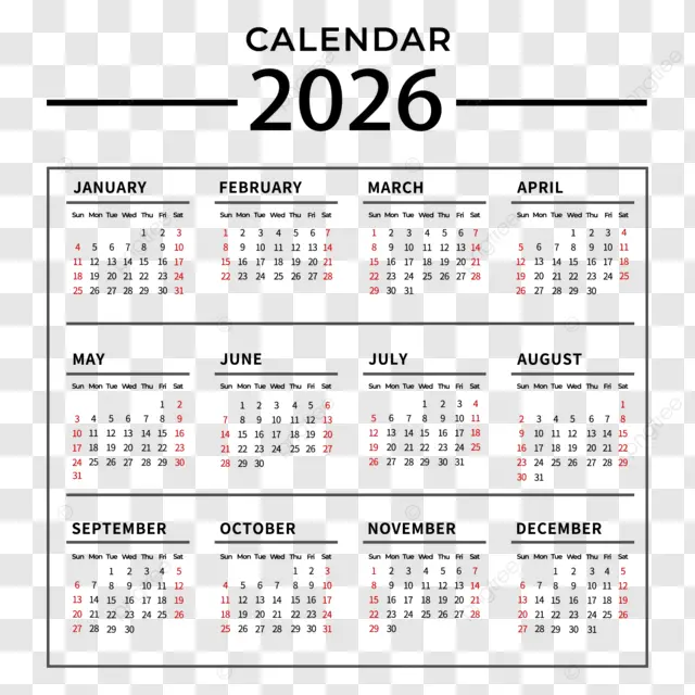2026英语日历黑色边框 向量