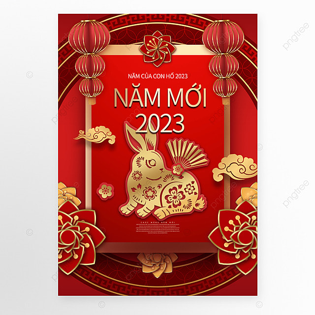 2023新年快乐剪纸风格兔年越南语宣传海报