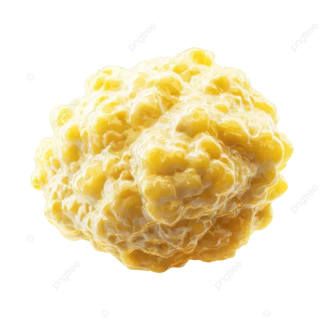 有机淡黄色体脂团，质地柔软，呈胶状。