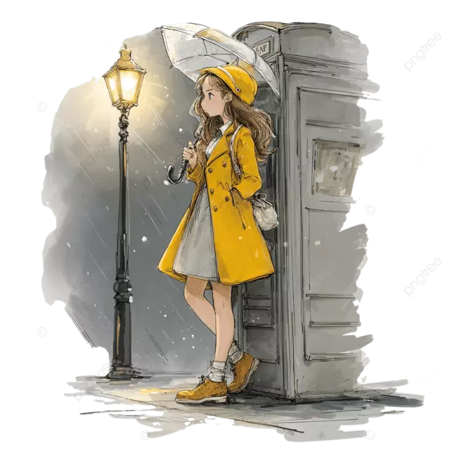 夜晚，一位身穿黄色外套 长发飘飘的女孩在电话亭旁撑着伞。