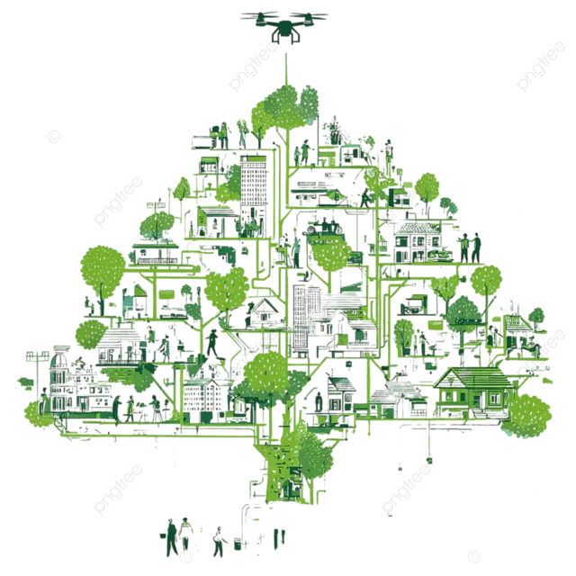 绿色城市化树，树叶与科技