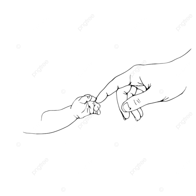 婴儿的手握着成人的手指，极简线条艺术，爱意满满。