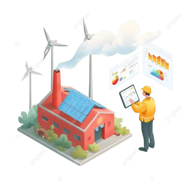 一个色彩鲜艳的卡通工厂，配备太阳能电池板 风力涡轮机，还有一位笑容满面的工程师在监测排放物。