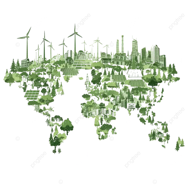 绿色世界地图，配备风力涡轮机和太阳能电池板，打造可持续的环保环境